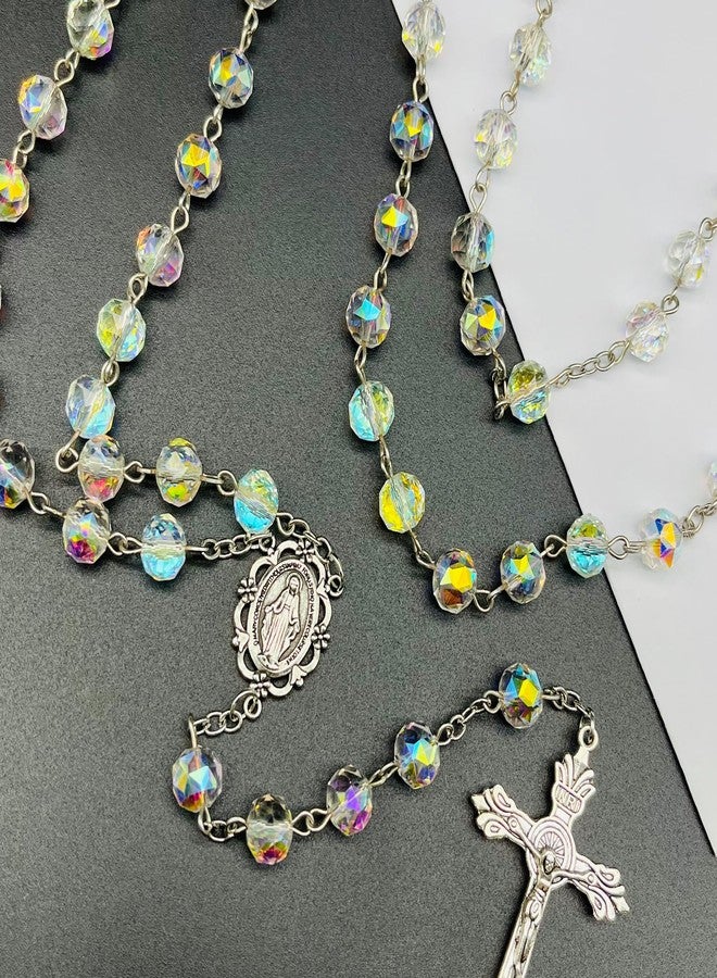 CACALOSS Catholic Rosary Necklace, Jesus Cross, Rainbow Sparkle Crystal Rosary Necklace for Baptism Prayer - Image 4